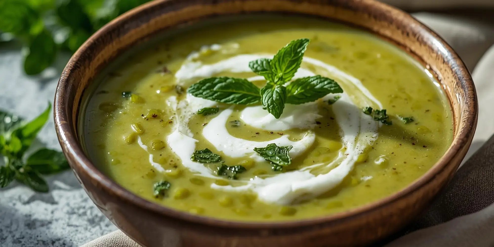 Cremige Erbsensuppe mit Minzjoghurt – frische Suppe mit feiner Minznote