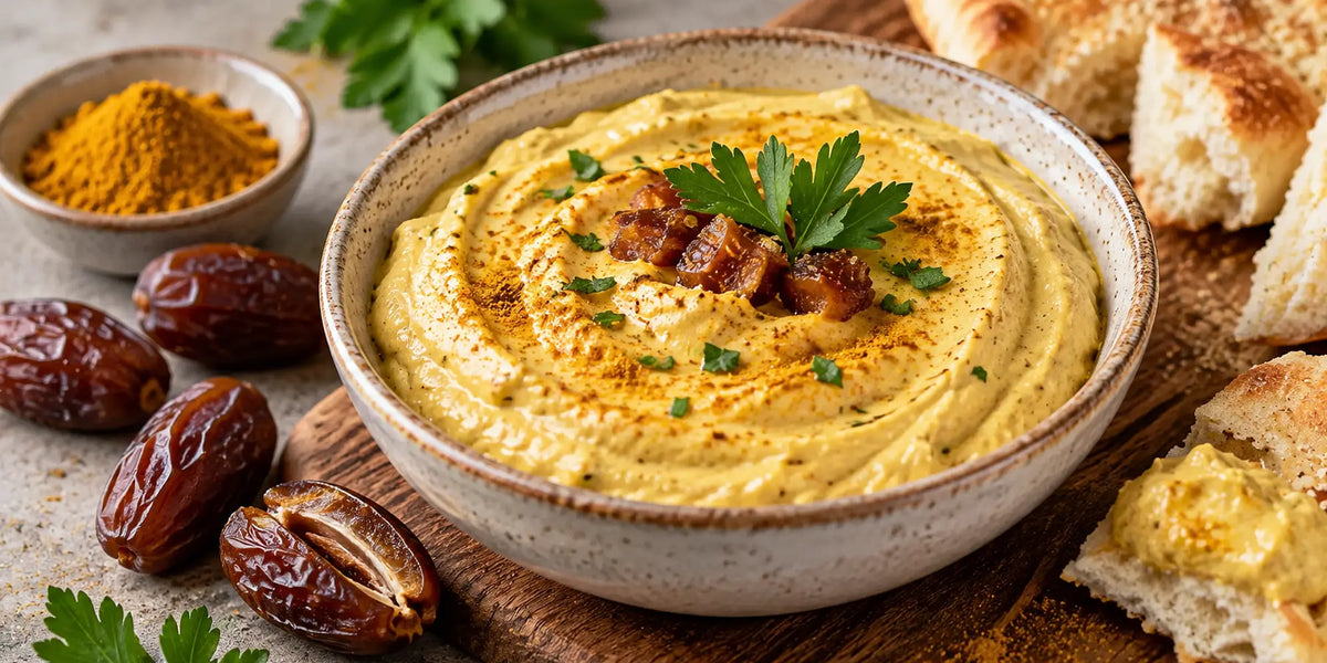Cremiger Dattel-Curry-Dip mit Datteln Curry und Fladenbrot