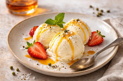 Vanilleeis mit Erdbeeren, Grand Marnier und grünem Pfeffer.