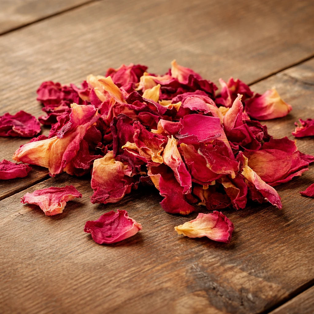 Rosenblüten getrocknet auf einem Holztisch
